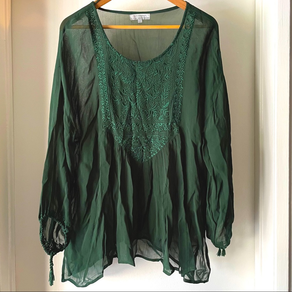 World Market Emerald Green Boho Sheer Blouse